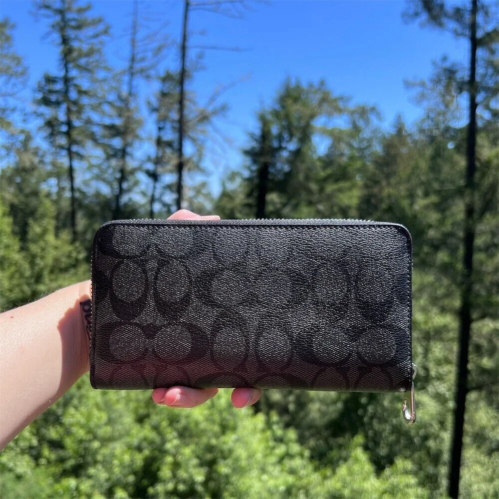 COACH Long Zip-Around Wallet Black/Gray Signature Canvas Silver Hardware AUTHNTC